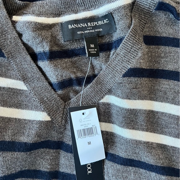 Banana Republic NWT Merino Wool Striped Pullover Sweater, Warm Gray + Navy, M - Picture 4 of 9